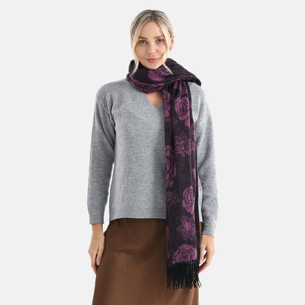 LA MAREY 100% Merino Wool Abstract Print Scarf with Tassel (180 x 70 cm) - Pink 8270067 3