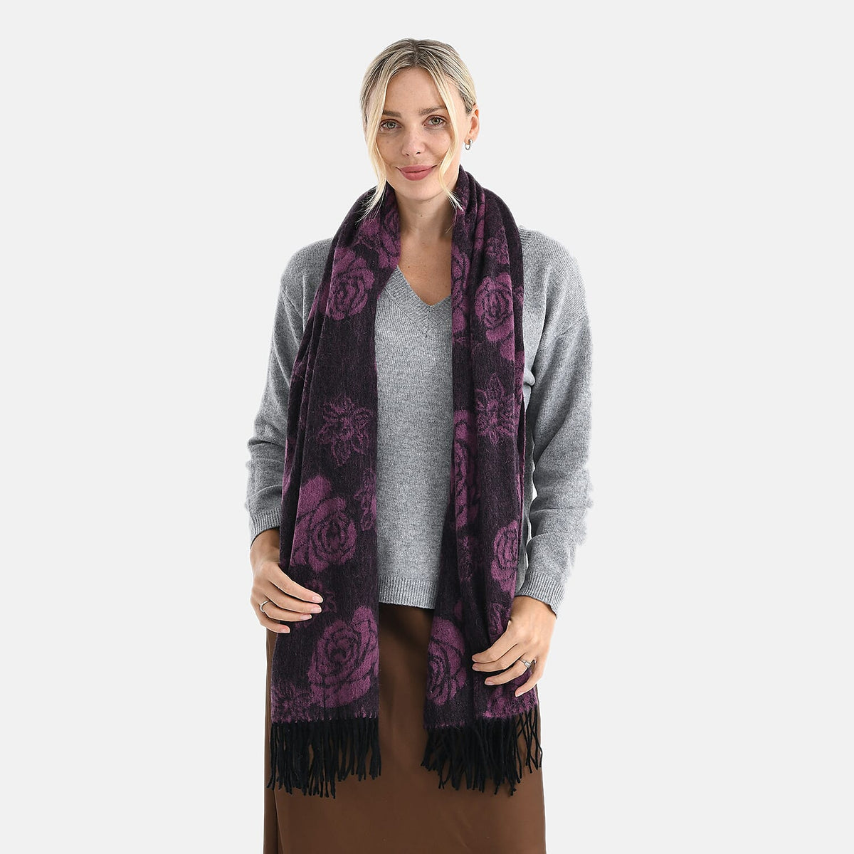 LA MAREY 100% Merino Wool Abstract Print Scarf with Tassel (180 x 70 cm) - Pink 8270067 4