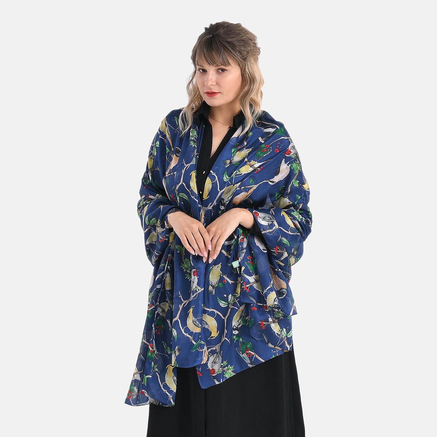 LA MAREY 100% Mulberry Silk Bird Print Scarf (Size 110x198cm) - Blue 8223237 0