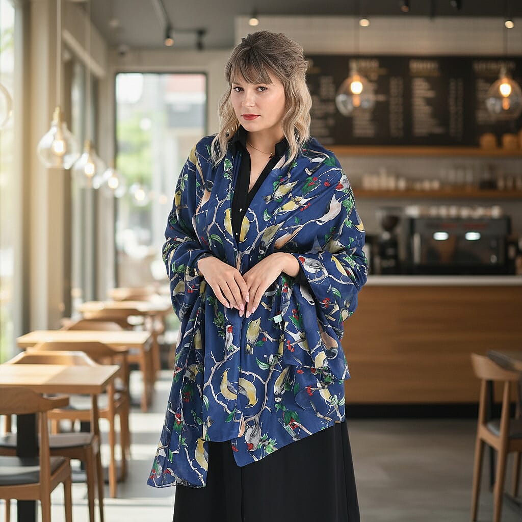 LA MAREY 100% Mulberry Silk Bird Print Scarf (Size 110x198cm) - Blue 8223237 2