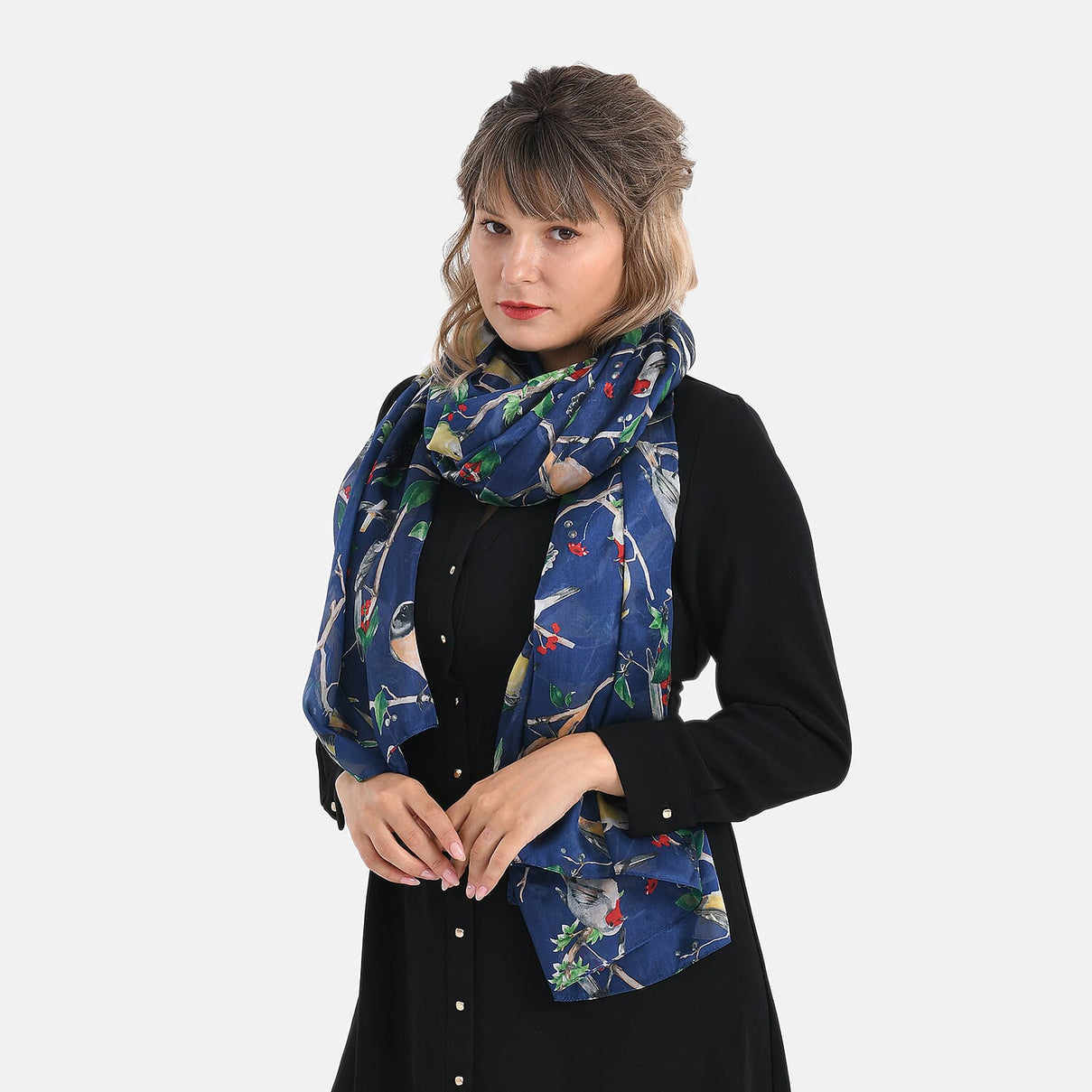 LA MAREY 100% Mulberry Silk Bird Print Scarf (Size 110x198cm) - Blue 8223237 3