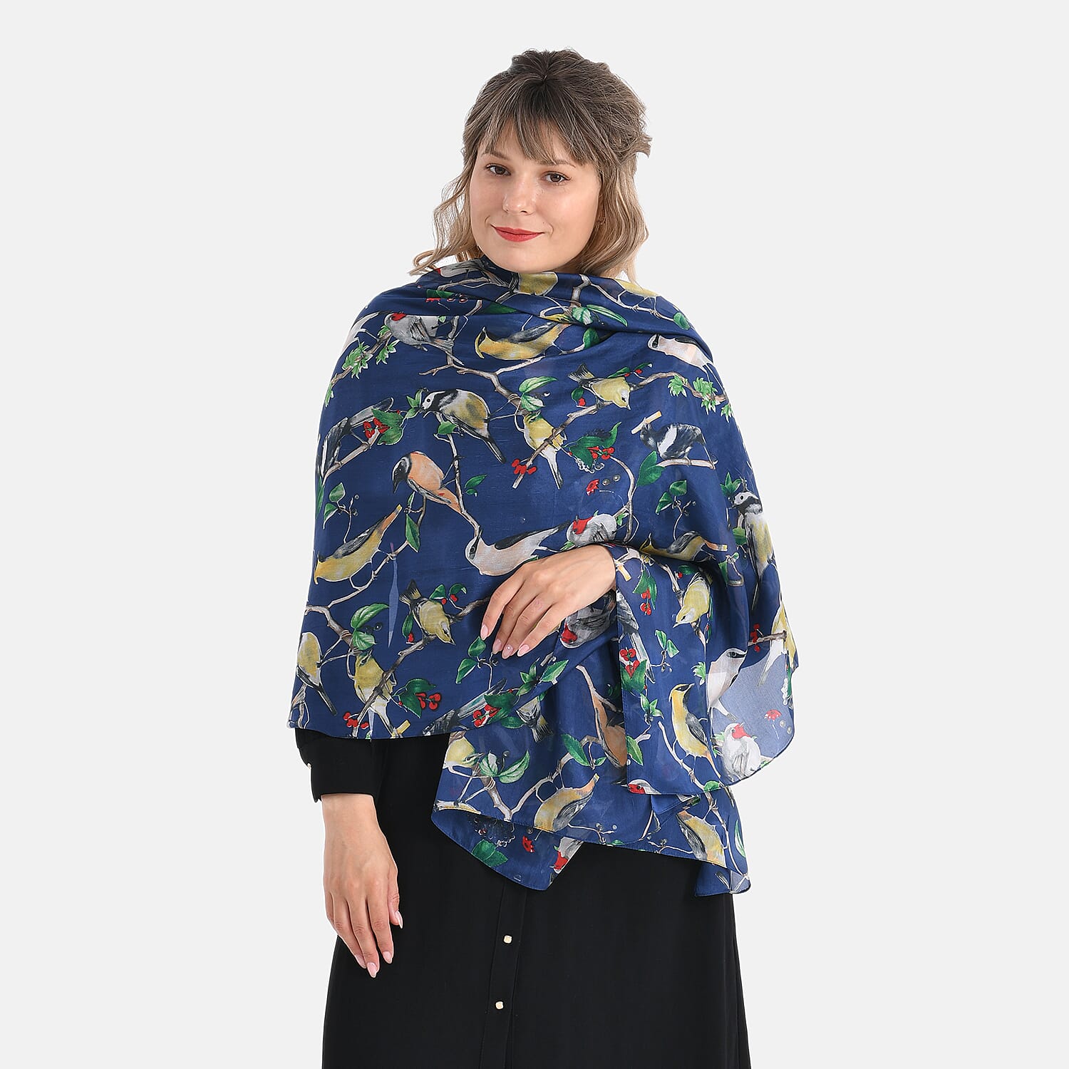 LA MAREY 100% Mulberry Silk Bird Print Scarf (Size 110x198cm) - Blue 8223237 4