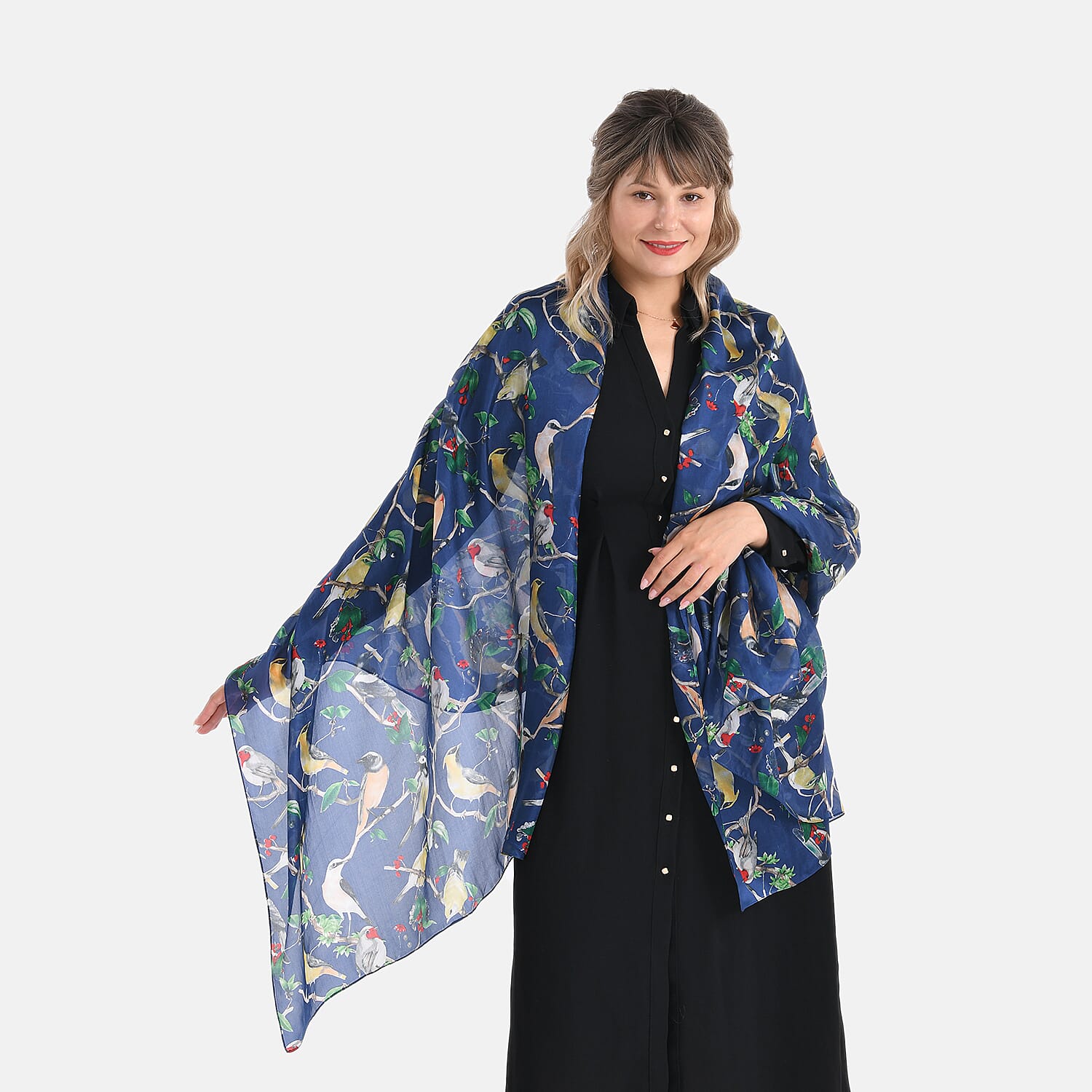 LA MAREY 100% Mulberry Silk Bird Print Scarf (Size 110x198cm) - Blue 8223237 5