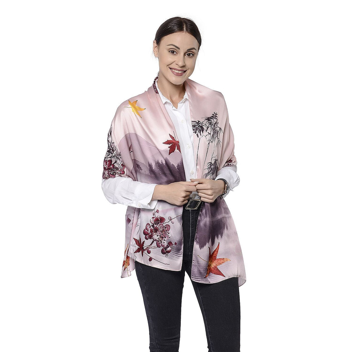 LA MAREY 100% Mulberry Silk Leaves Pattern Scarf (Size 175x52 Cm) - Light Pink 7309646 1
