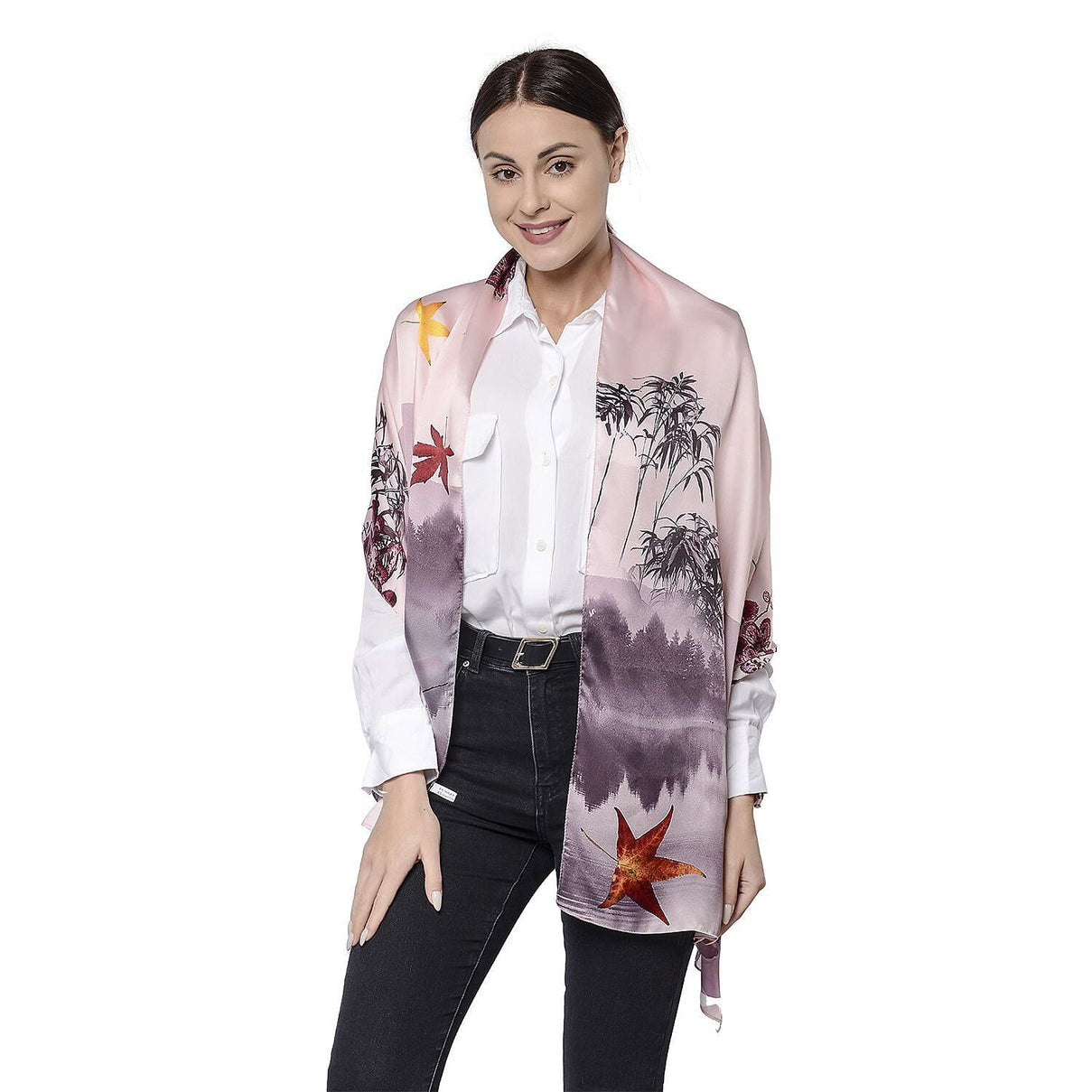 LA MAREY 100% Mulberry Silk Leaves Pattern Scarf (Size 175x52 Cm) - Light Pink 7309646 3