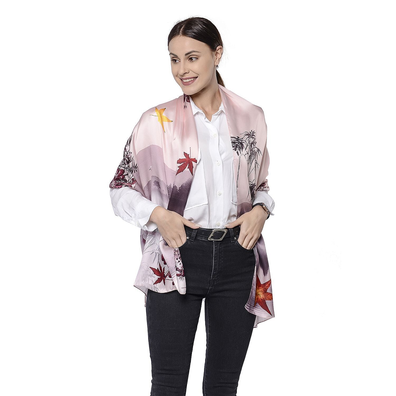 LA MAREY 100% Mulberry Silk Leaves Pattern Scarf (Size 175x52 Cm) - Light Pink 7309646 4