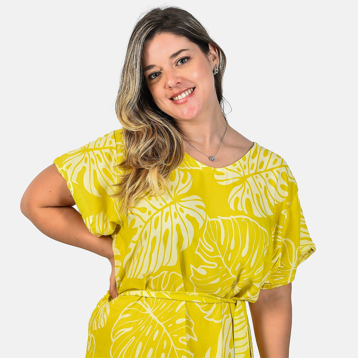 Bali Collection  Leaves Pattern Women Dress  - Yellow and Cream 6100544 2