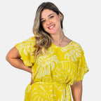Bali Collection 100% Rayon Leaves Pattern Women Dress (Size-L-16-18) - Yellow and Cream