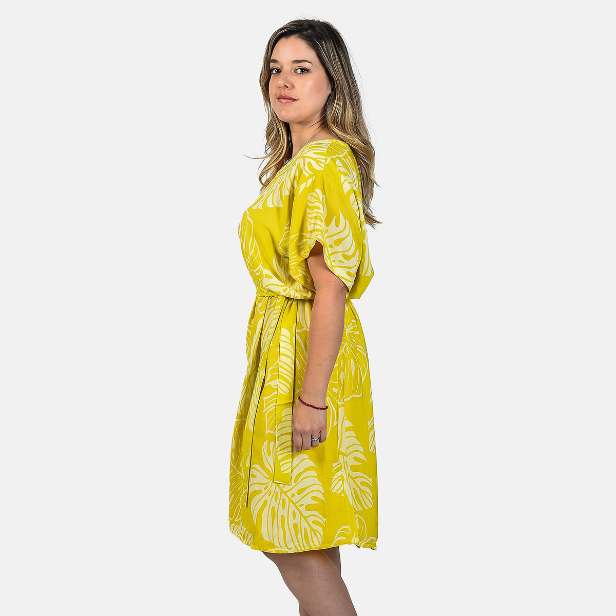 Bali Collection  Leaves Pattern Women Dress  - Yellow and Cream 6100544 4