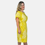 Bali Collection 100% Rayon Leaves Pattern Women Dress (Size-L-16-18) - Yellow and Cream