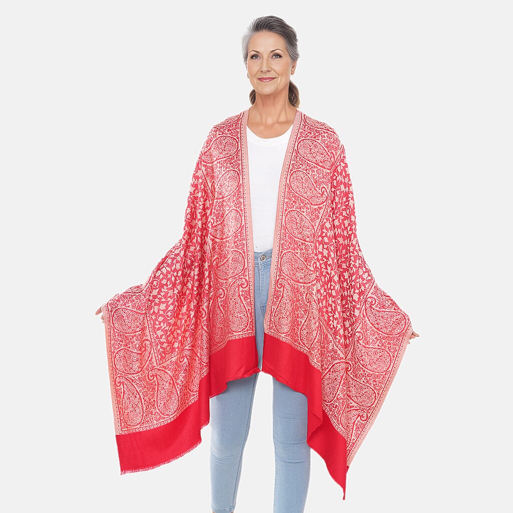LA MAREY 100% Viscose Leaf Pattern Yarn Dyed Jacquard Scarf (Size 180x70 Cm)  - Red - Cream 9053533 0