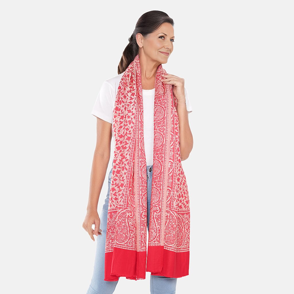 LA MAREY 100% Viscose Leaf Pattern Yarn Dyed Jacquard Scarf (Size 180x70 Cm)  - Red - Cream 9053533 2