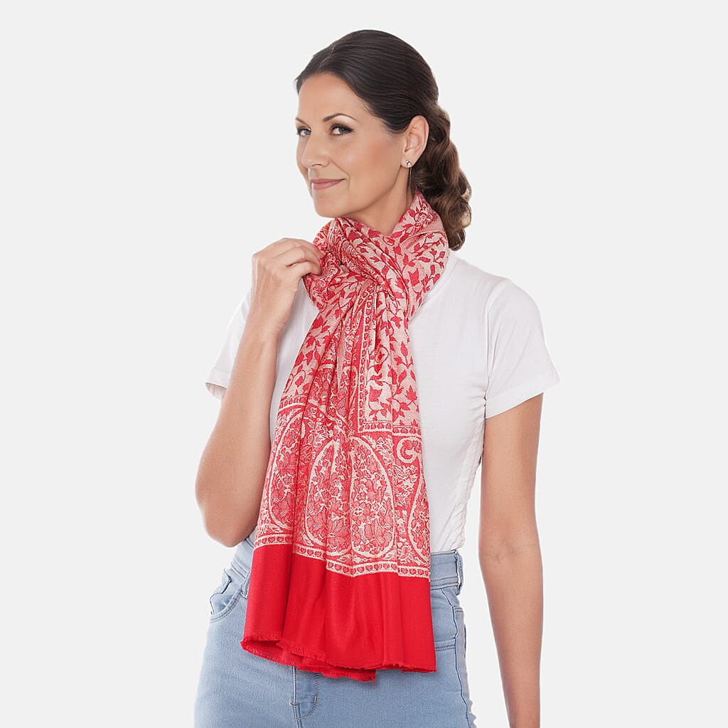 LA MAREY 100% Viscose Leaf Pattern Yarn Dyed Jacquard Scarf (Size 180x70 Cm)  - Red - Cream 9053533 3
