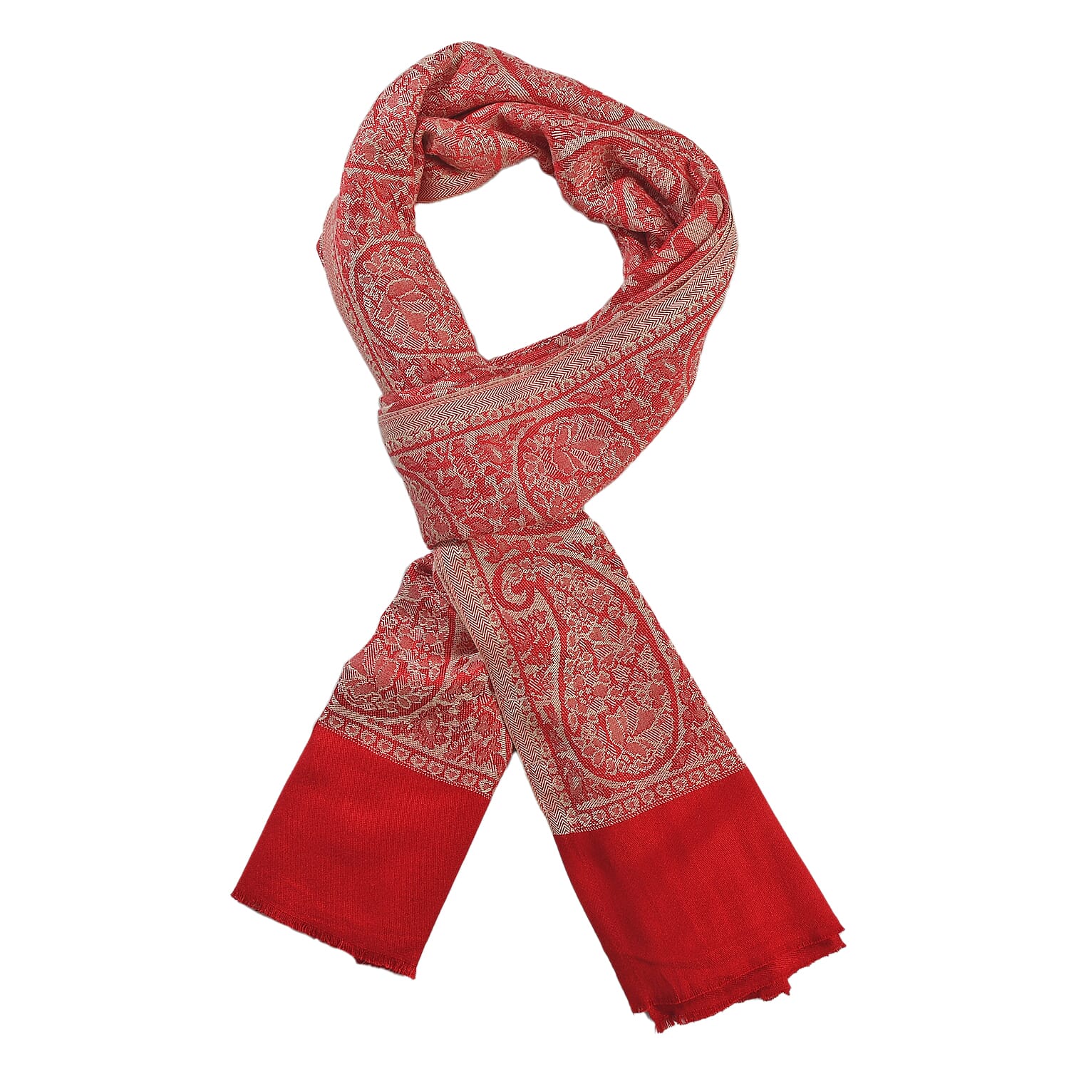 LA MAREY 100% Viscose Leaf Pattern Yarn Dyed Jacquard Scarf (Size 180x70 Cm)  - Red - Cream 9053533 4