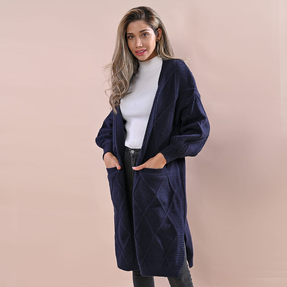 LA MAREY Cable Knit Long Cardigan - Navy 6343599 0