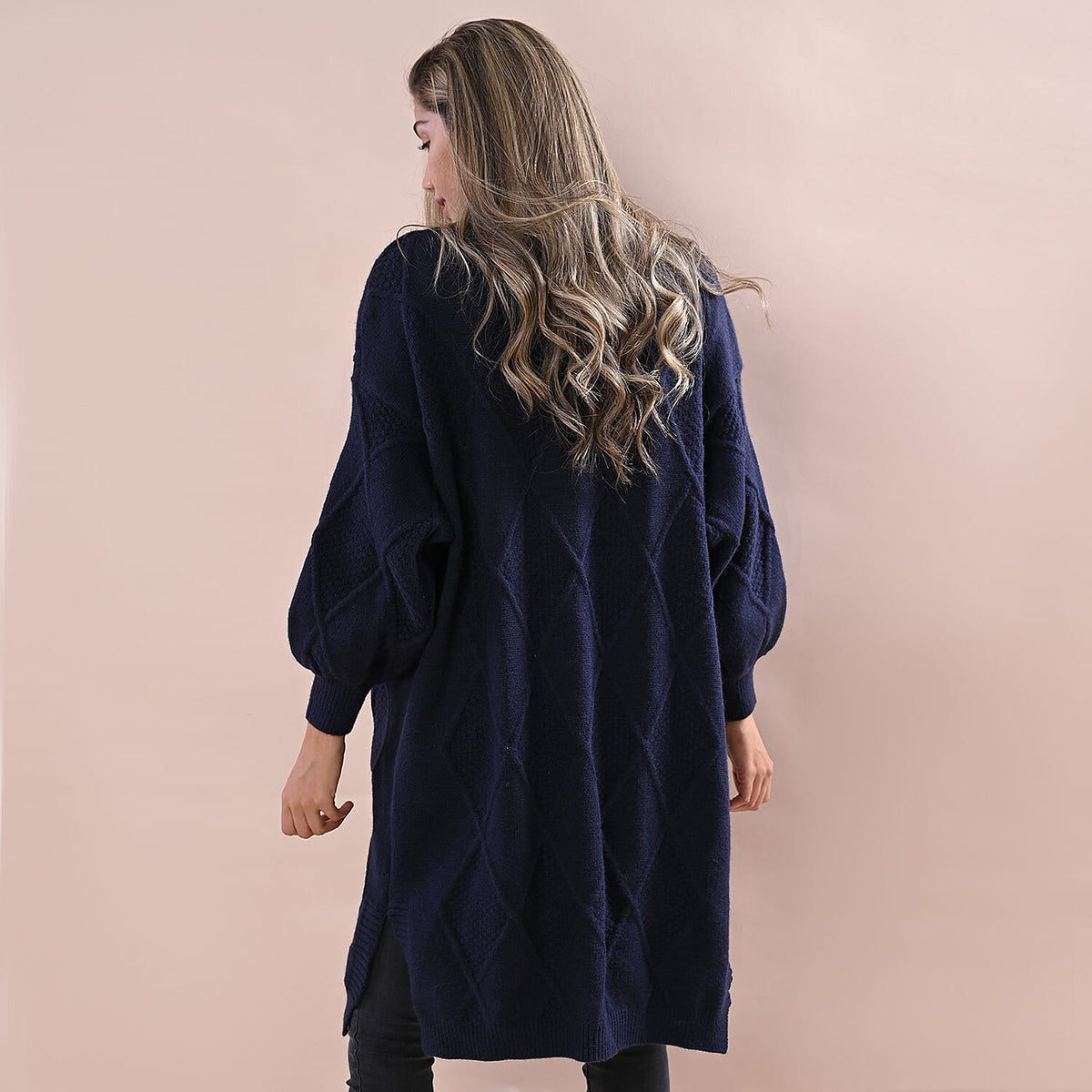 LA MAREY Cable Knit Long Cardigan - Navy 6343599 1