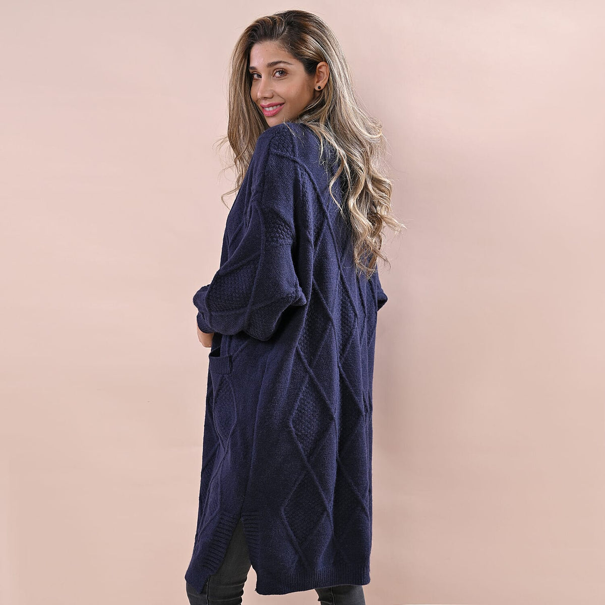 LA MAREY Cable Knit Long Cardigan - Navy 6343599 2