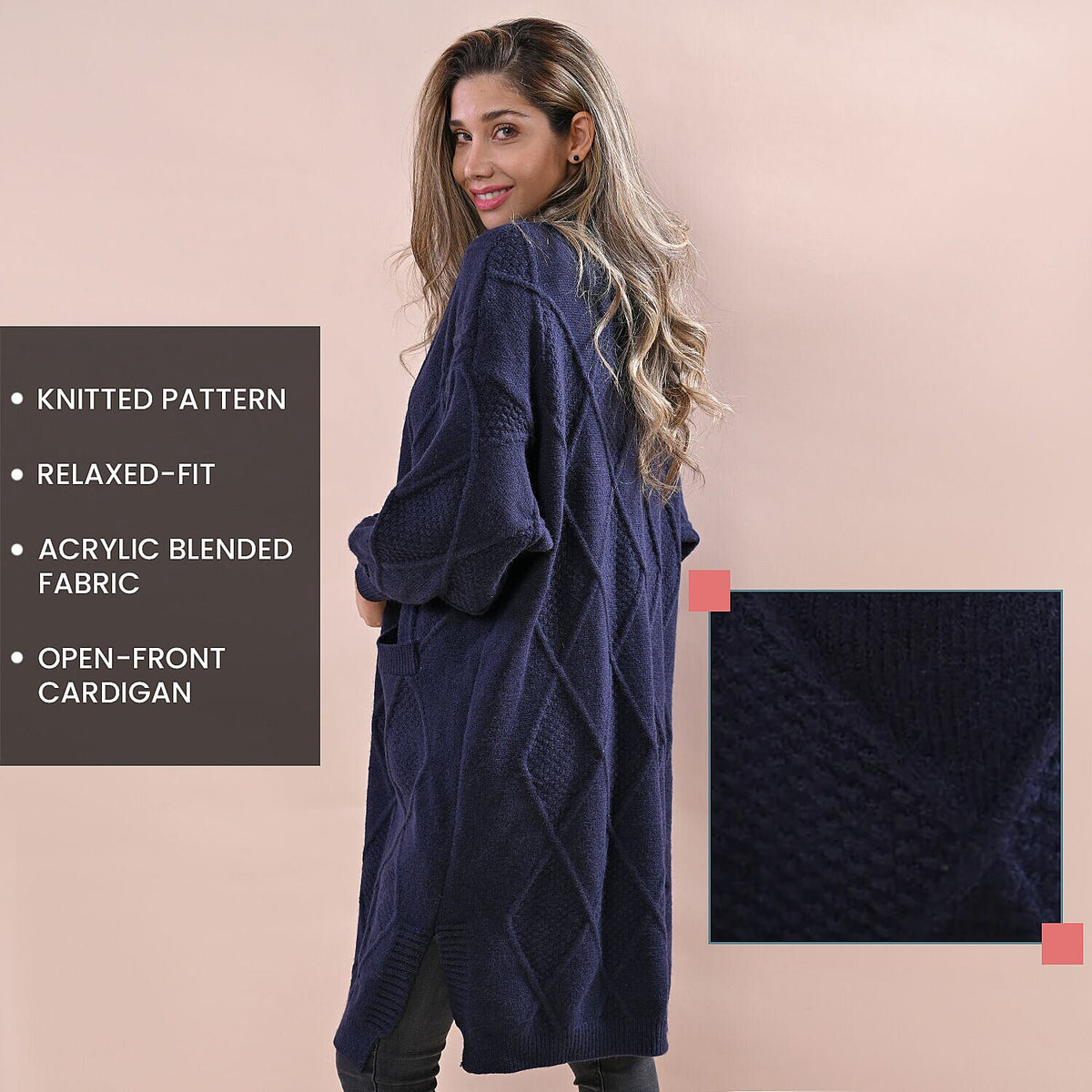 LA MAREY Cable Knit Long Cardigan - Navy 6343599 4