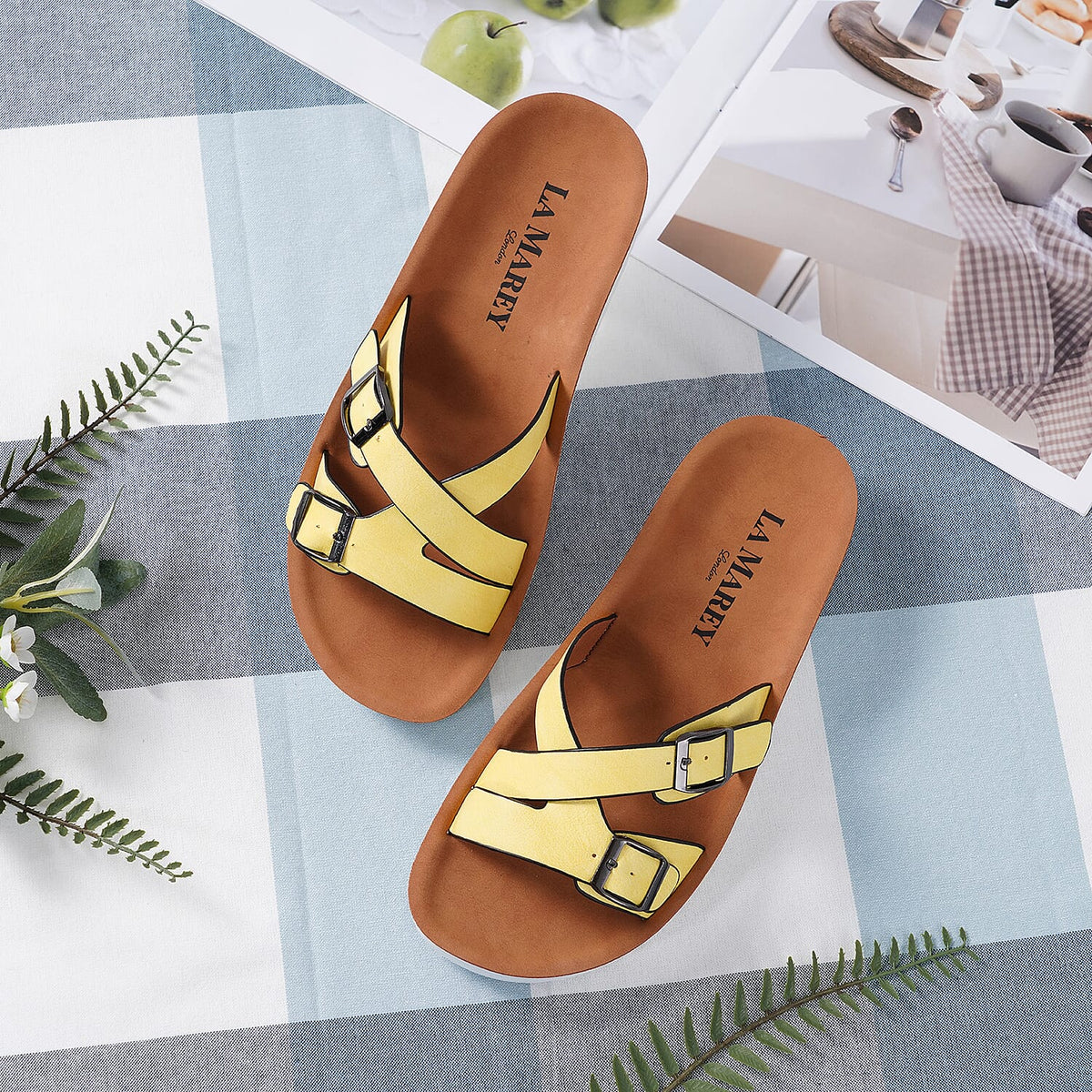 LA MAREY Criss Cross Pattern Two Strap Slippers - Yellow 3808958 5