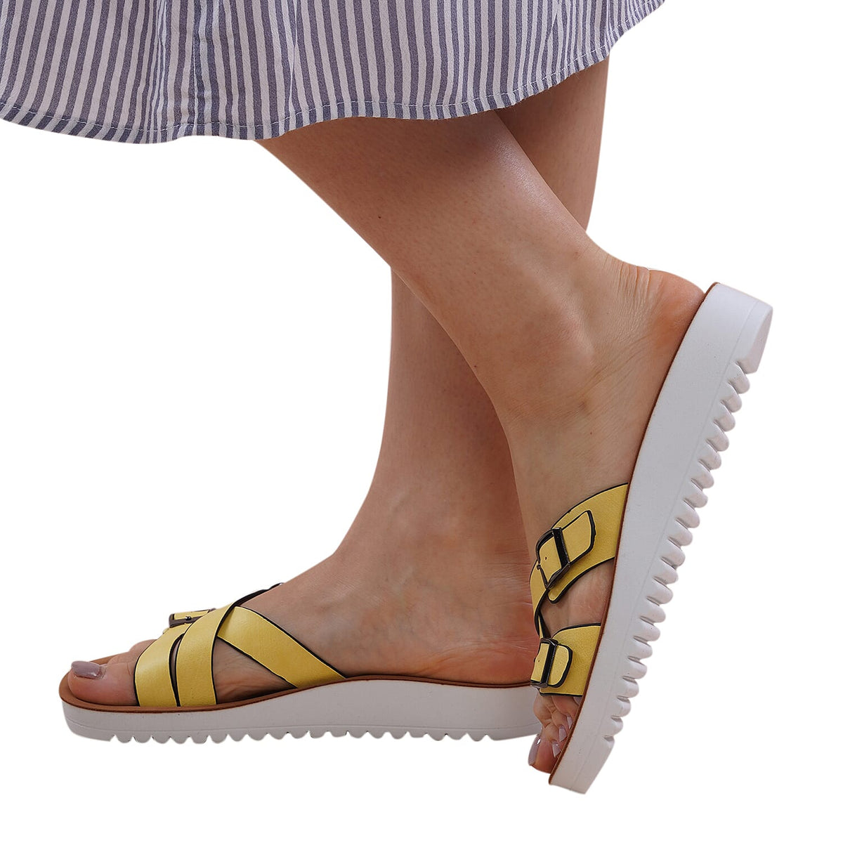 LA MAREY Criss Cross Pattern Two Strap Slippers - Yellow 3808958 7