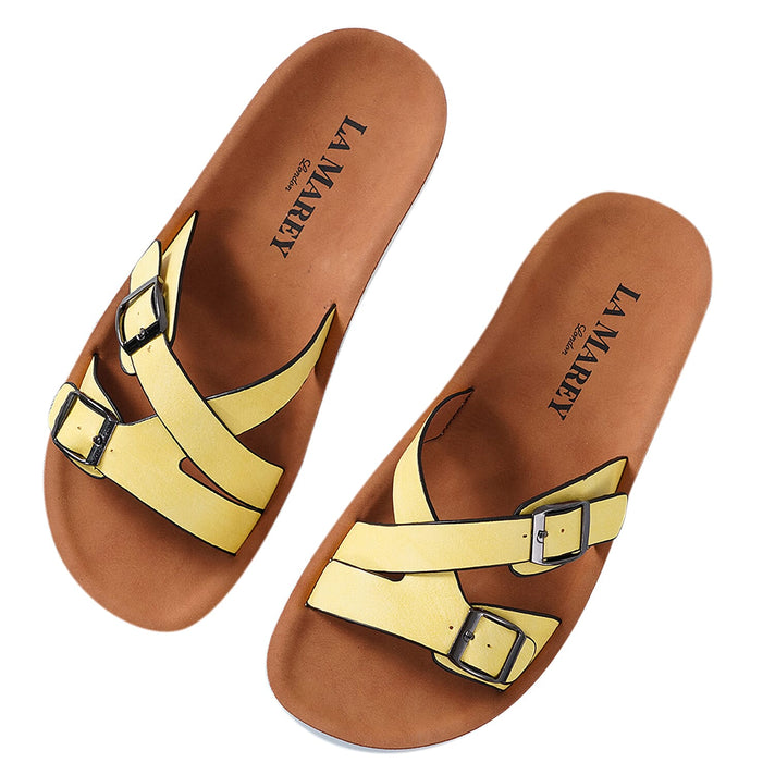 LA MAREY Criss Cross Pattern Two Strap Slippers - Yellow 3808958 2