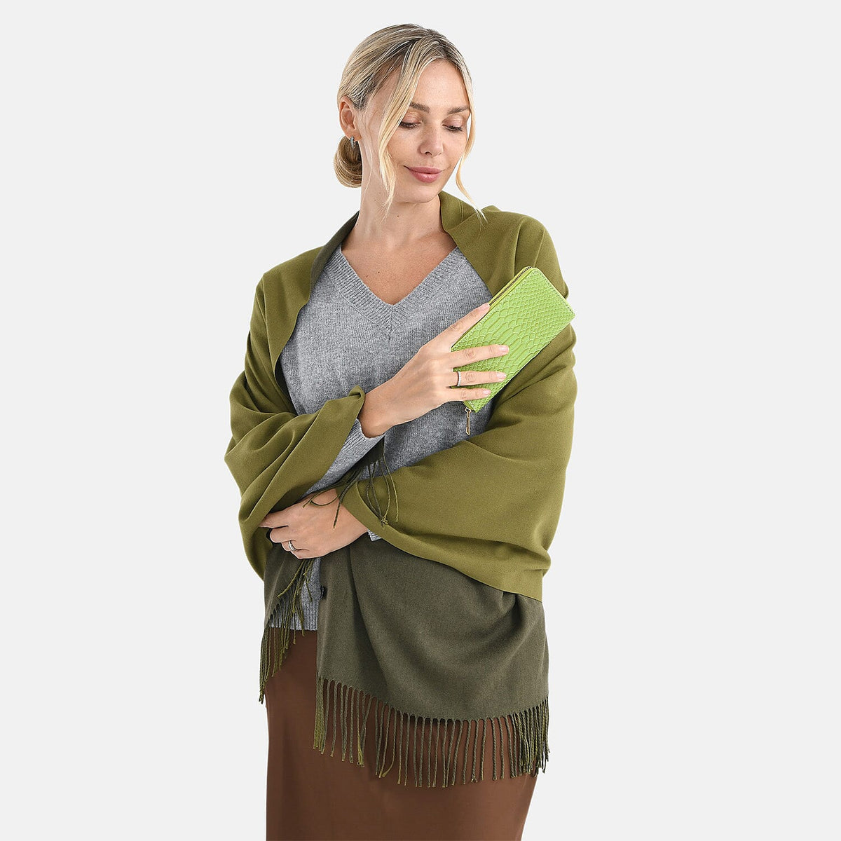 LA MAREY Croc-Embossed RFID Wallet &amp; Fringed Scarf (180 x 70cm) - Green &amp; Olive V32515473 2