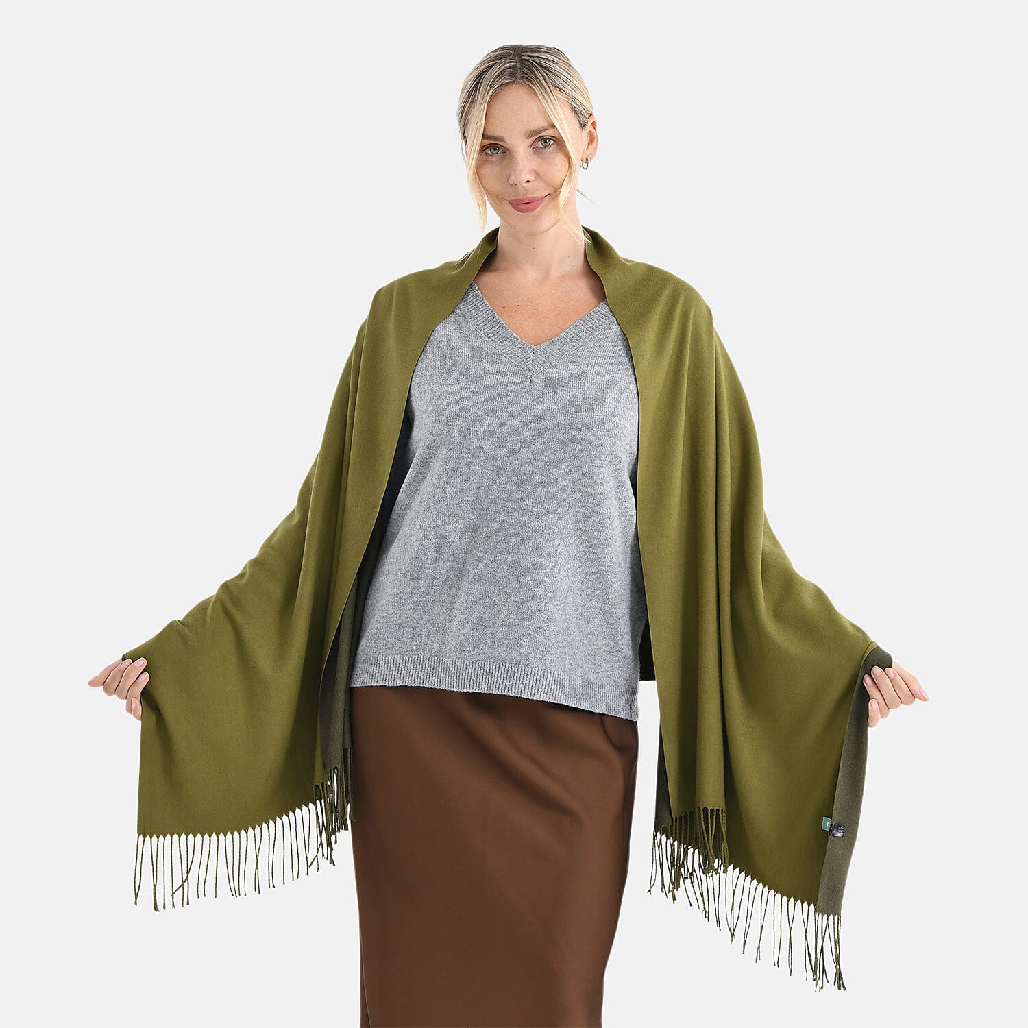 LA MAREY Croc-Embossed RFID Wallet &amp; Fringed Scarf (180 x 70cm) - Green &amp; Olive V32515473 3