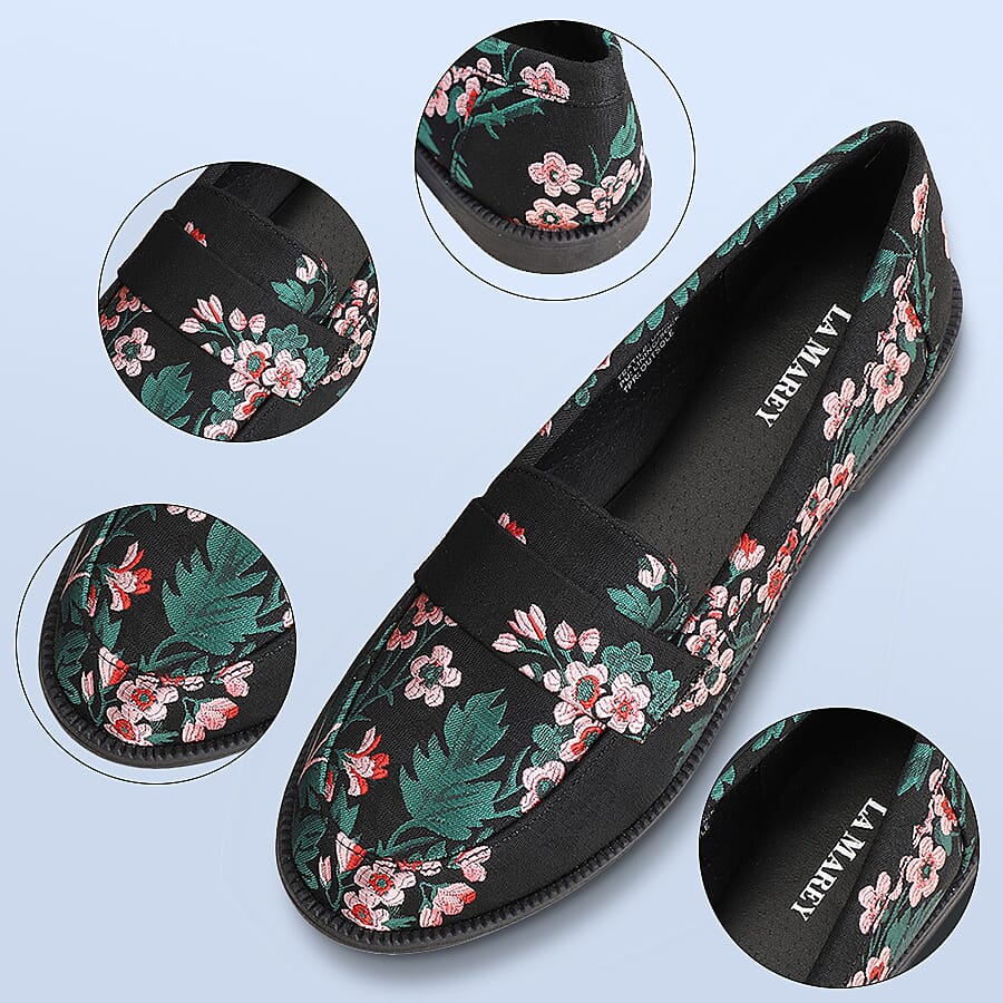 LA MAREY Embroidered Loafer Shoes - Black and Pink 3808354 3