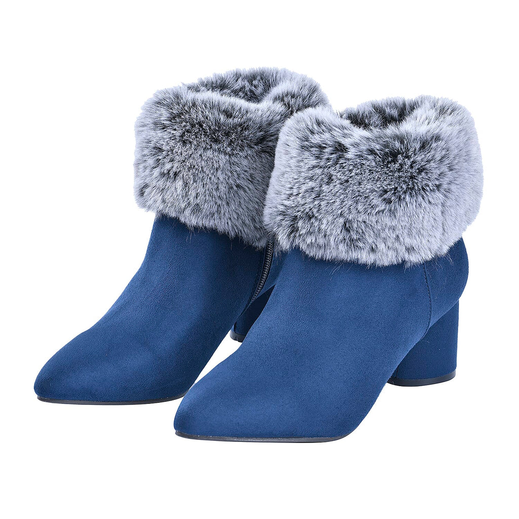 Faux Fur Ankle Boots with Side Zipper (Size 3) - Navy