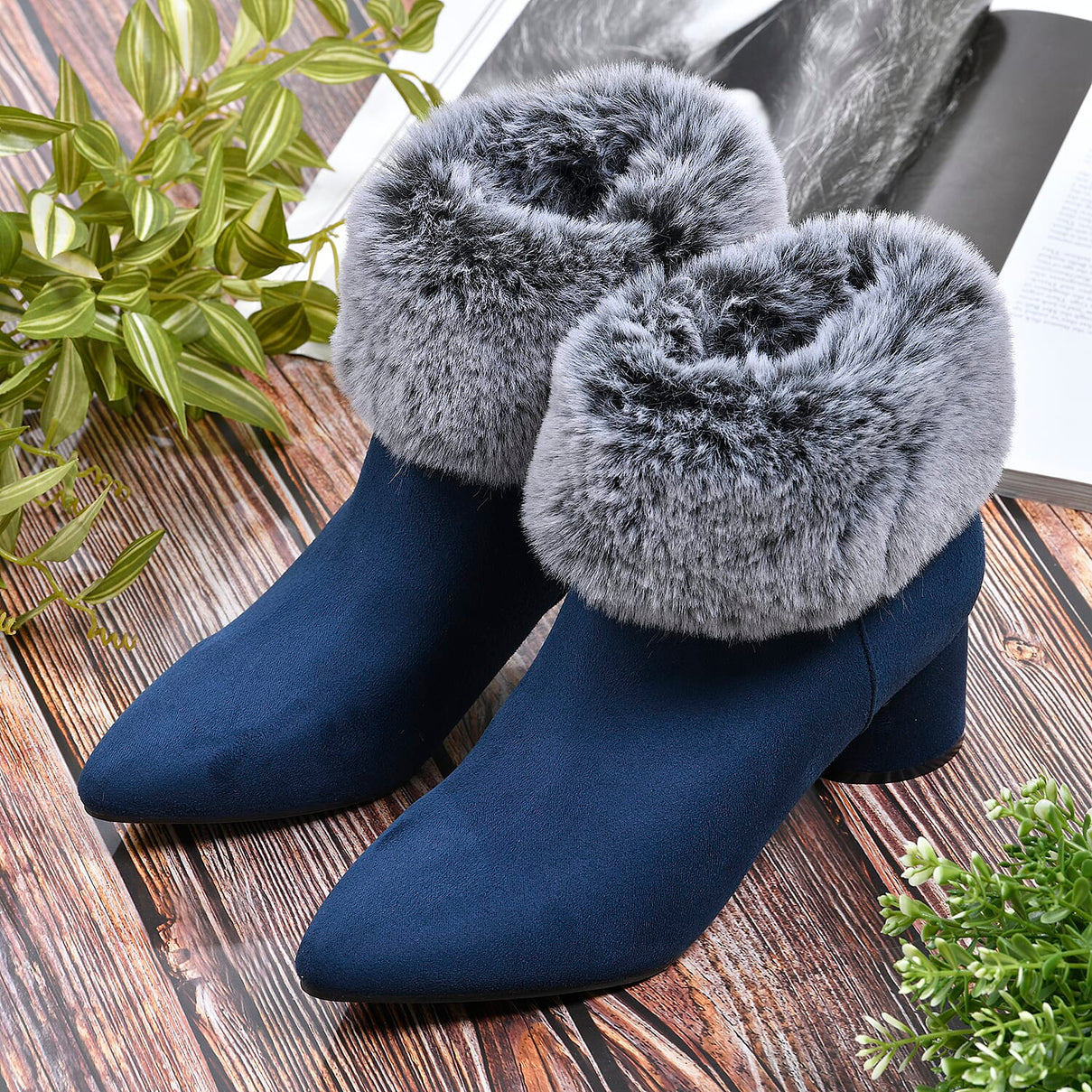 LA MAREY Faux Fur Collar Women's Ankle Boots - Navy 7597848 2