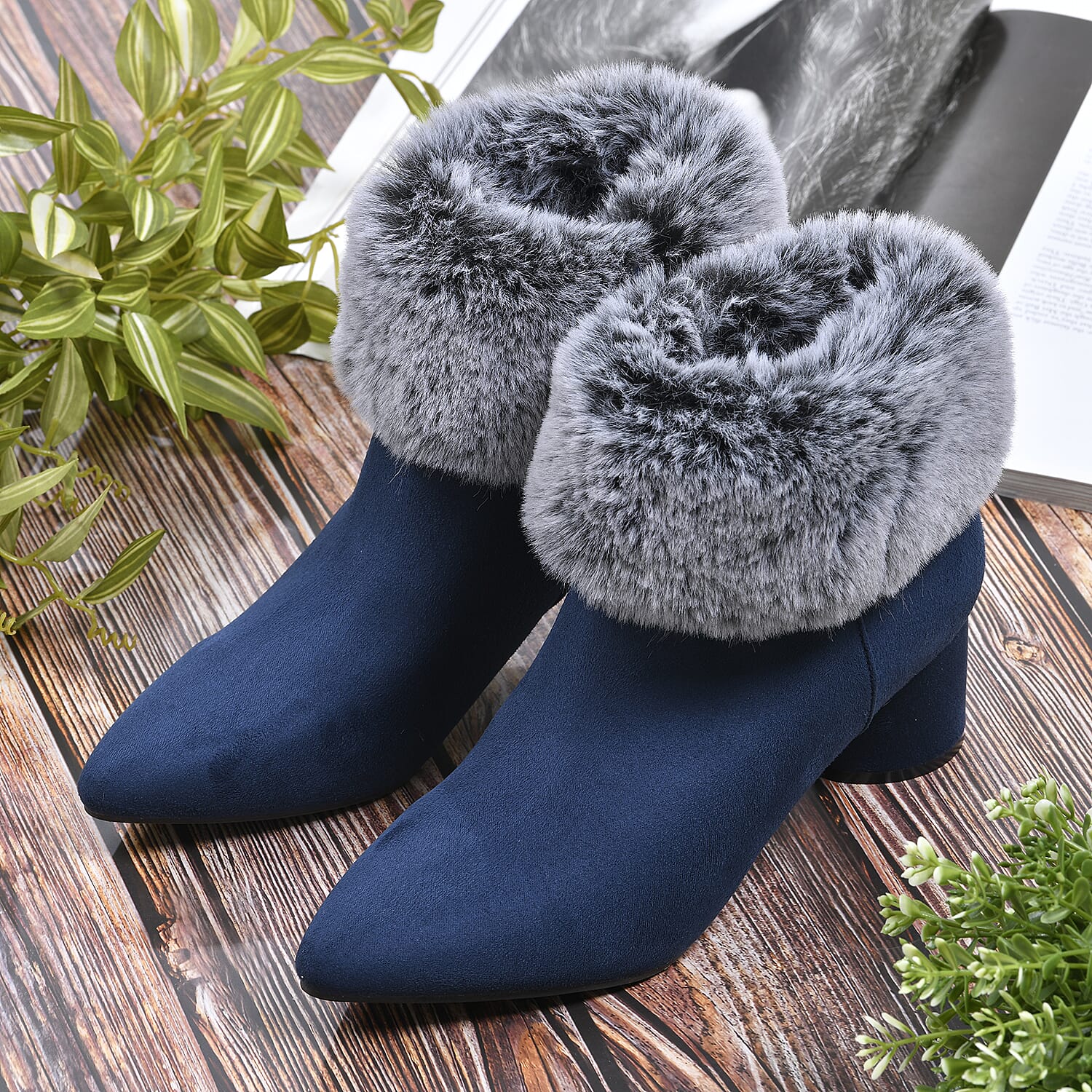 LA MAREY Faux Fur Collar Women's Ankle Boots - Navy 7597848 2
