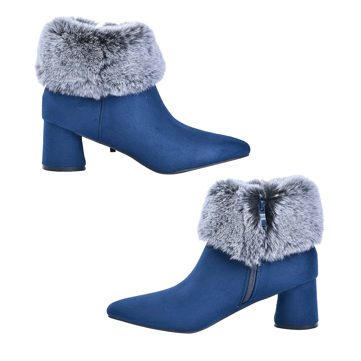 LA MAREY Faux Fur Collar Women's Ankle Boots - Navy 7597848 3