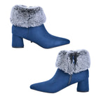 Faux Fur Ankle Boots with Side Zipper (Size 3) - Navy