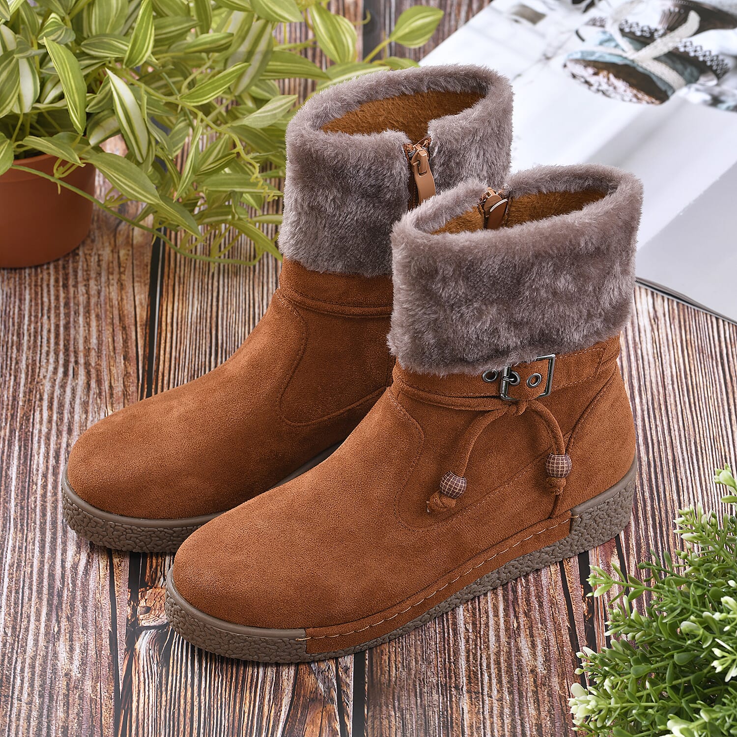 LA MAREY Faux Fur Collar Women's Ankle Boots - Tan 7609029 2