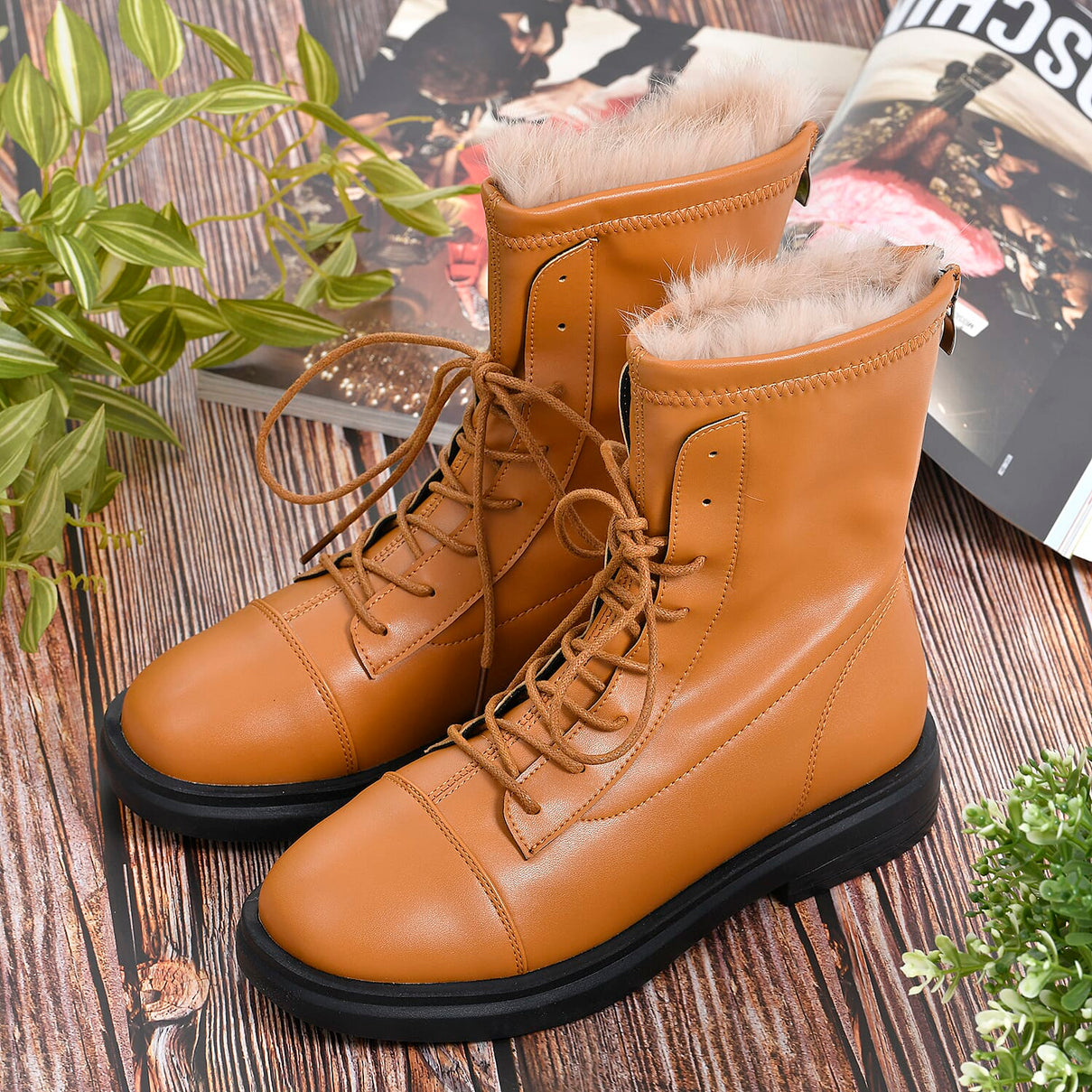 LA MAREY Faux Leather with Faux Fur Lining Women's Boots - Camel 7370250 2