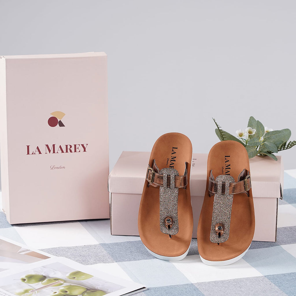 LA MAREY Flat Womens Sandals (Size 6) with Buckle - Bronze