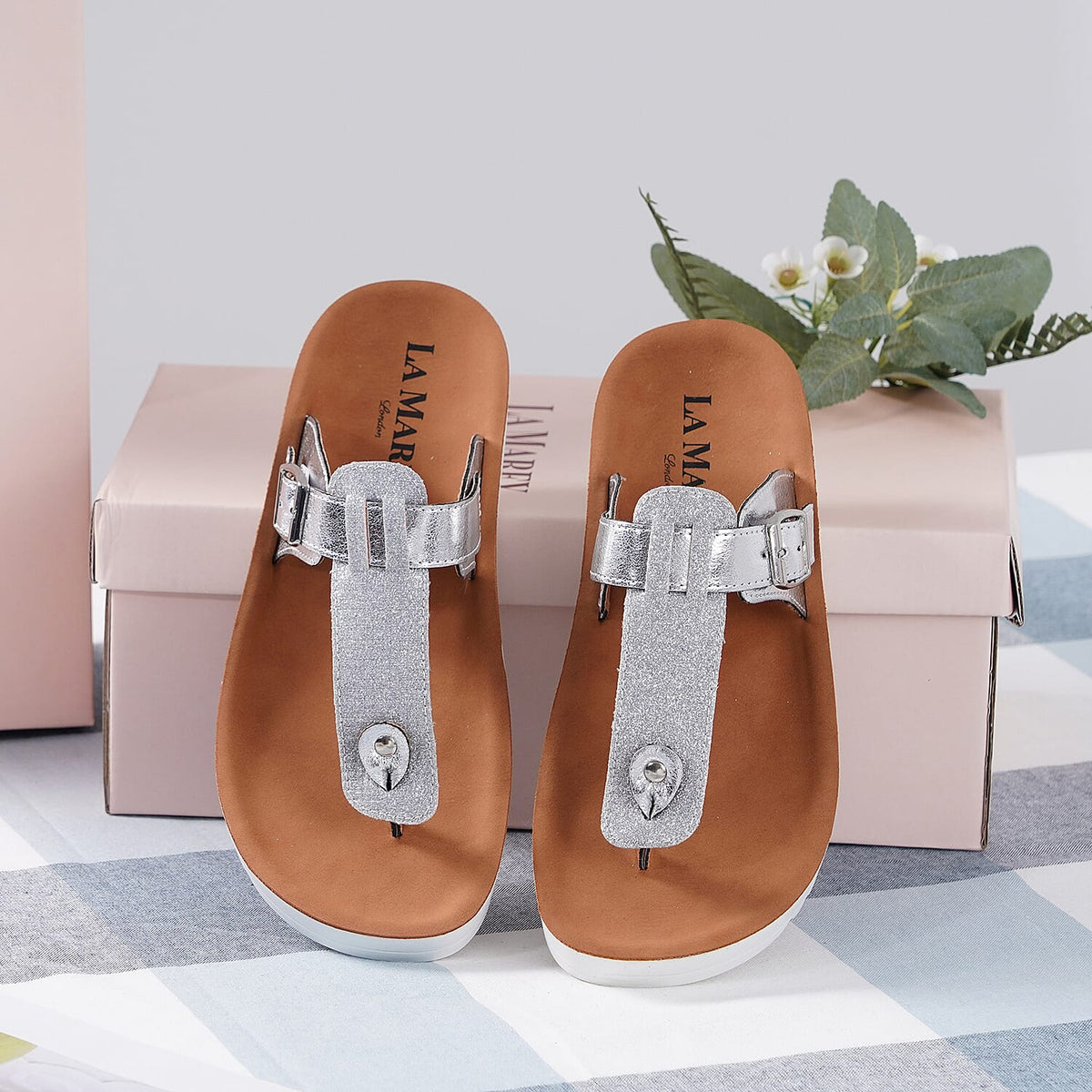 LA MAREY Flat Womens Slippers with Buckle - Silver 3809017 2