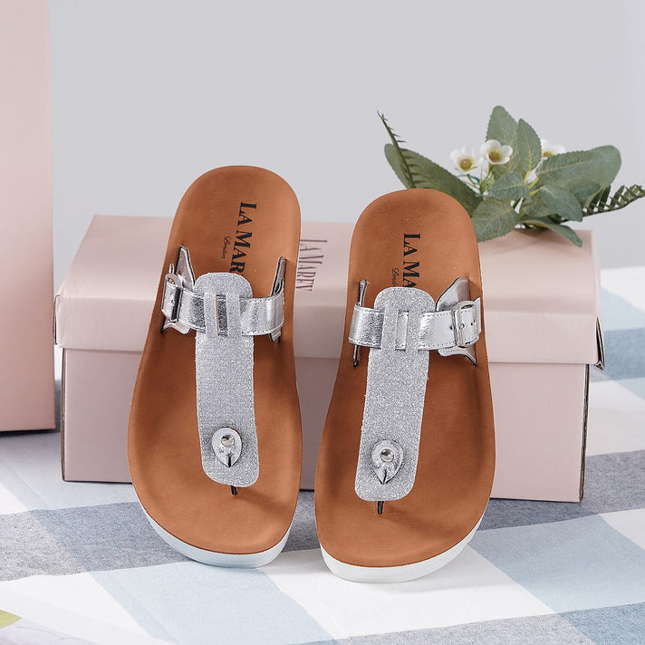 LA MAREY Flat Womens Slippers with Buckle - Silver 3809017 2