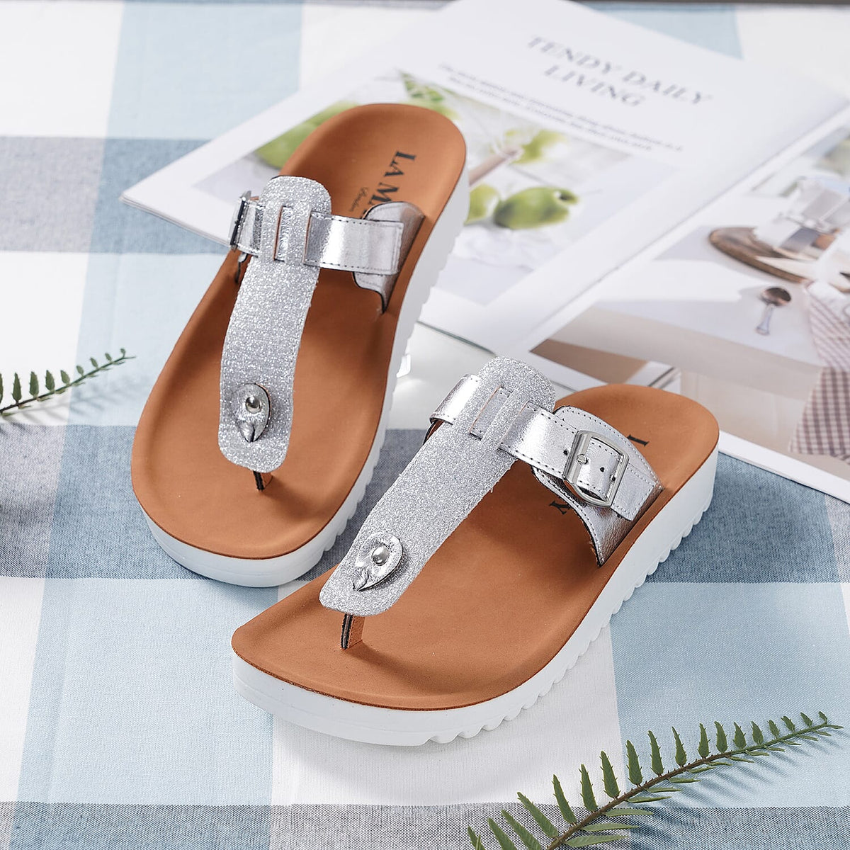 LA MAREY Flat Womens Slippers with Buckle - Silver 3809017 3