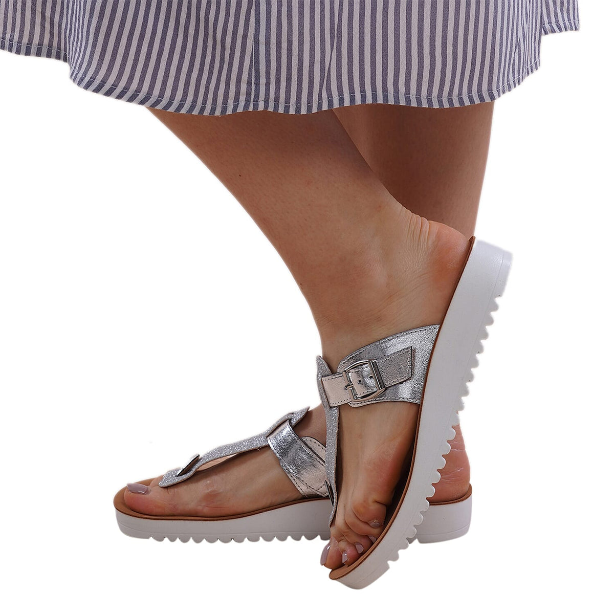 LA MAREY Flat Womens Slippers with Buckle - Silver 3809017 4
