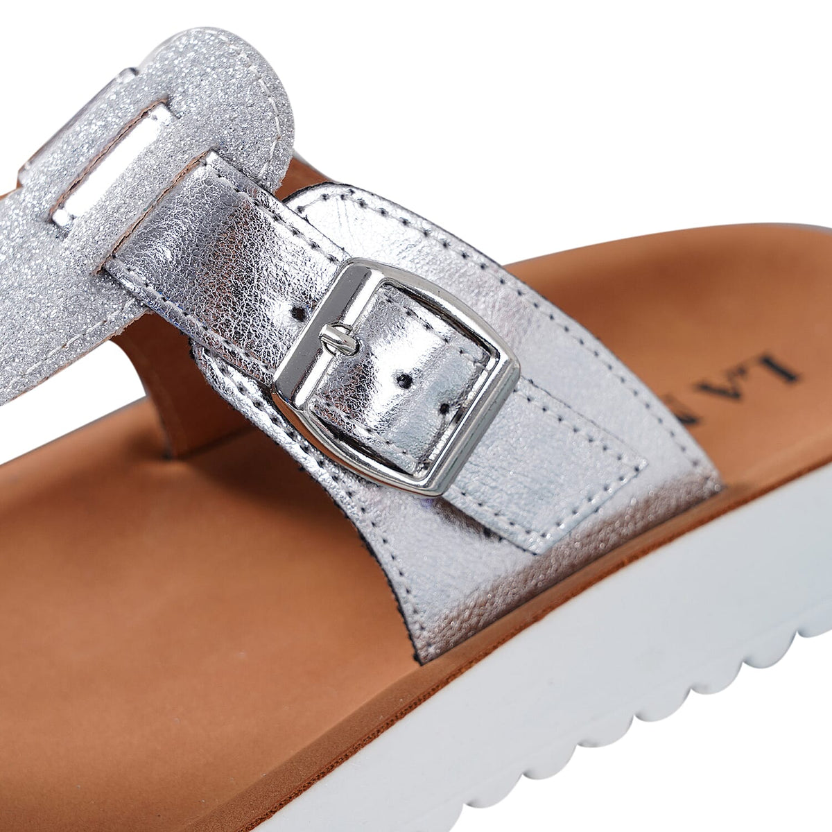 LA MAREY Flat Womens Slippers with Buckle - Silver 3809017 6