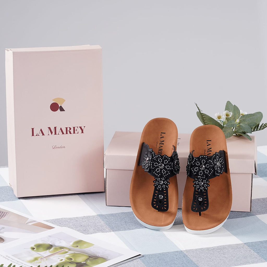 LA MAREY Floral Pattern Sandals (Size 8) - Black