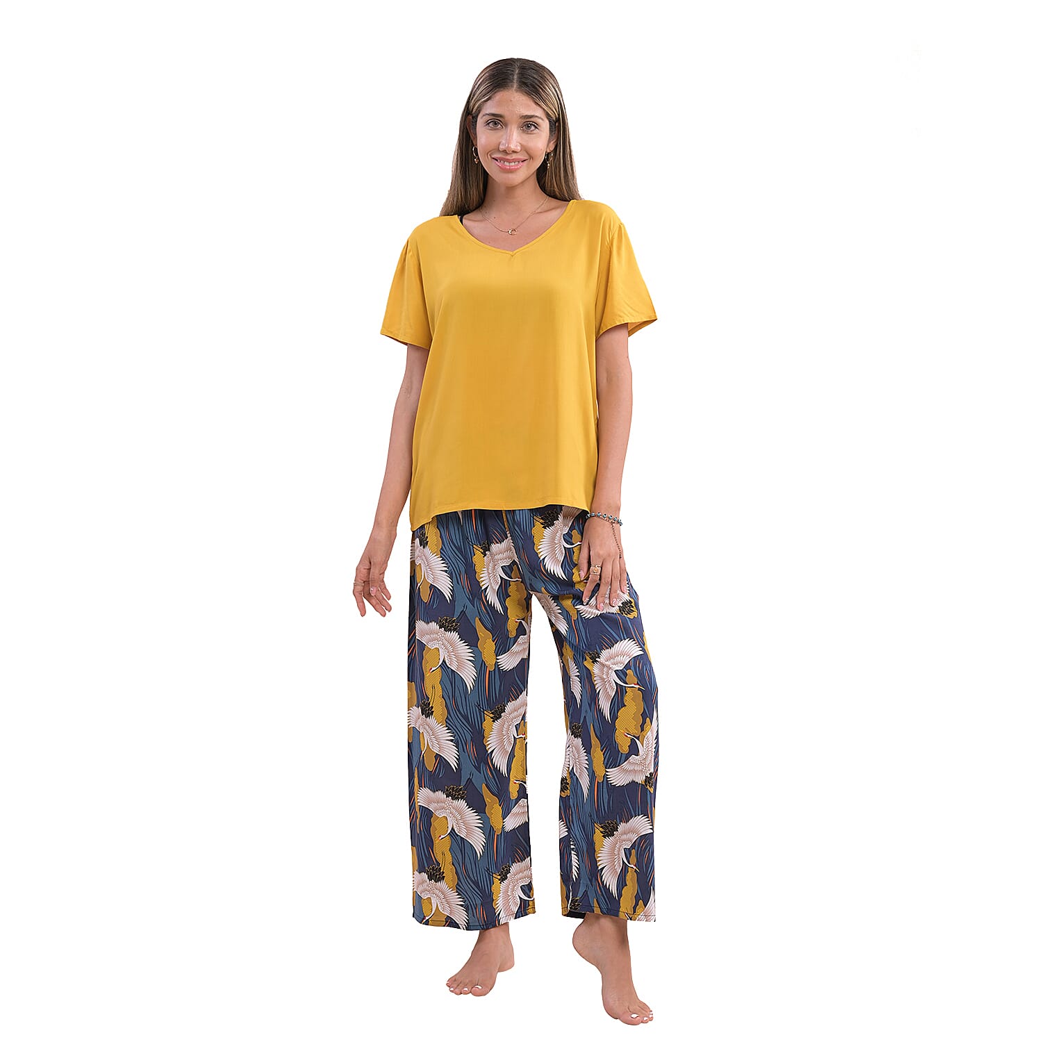 LA MAREY Crane Pattern Loungewear Set - Yellow and Navy 6505563 0