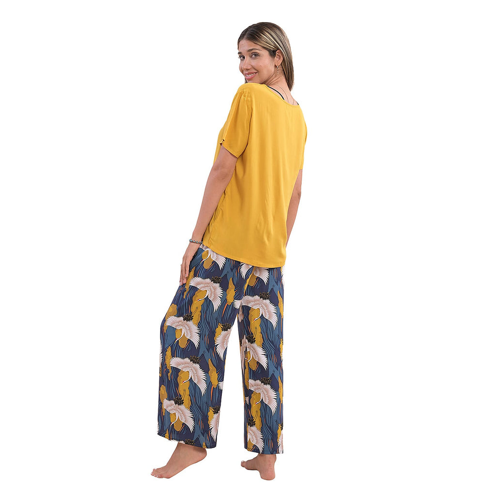 La Marey 100% Viscose Crane Pattern Loungewear Set (Size S-M, 8-14) - Yellow & Navy