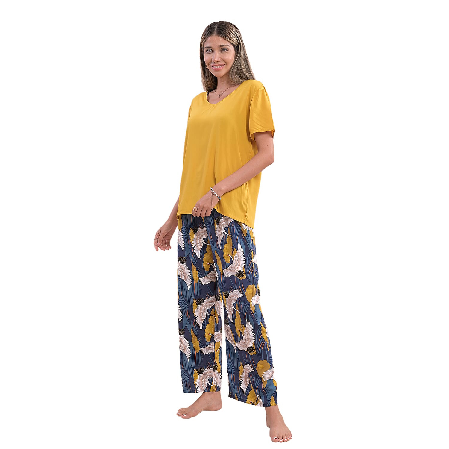 LA MAREY Crane Pattern Loungewear Set - Yellow and Navy 6505563 3