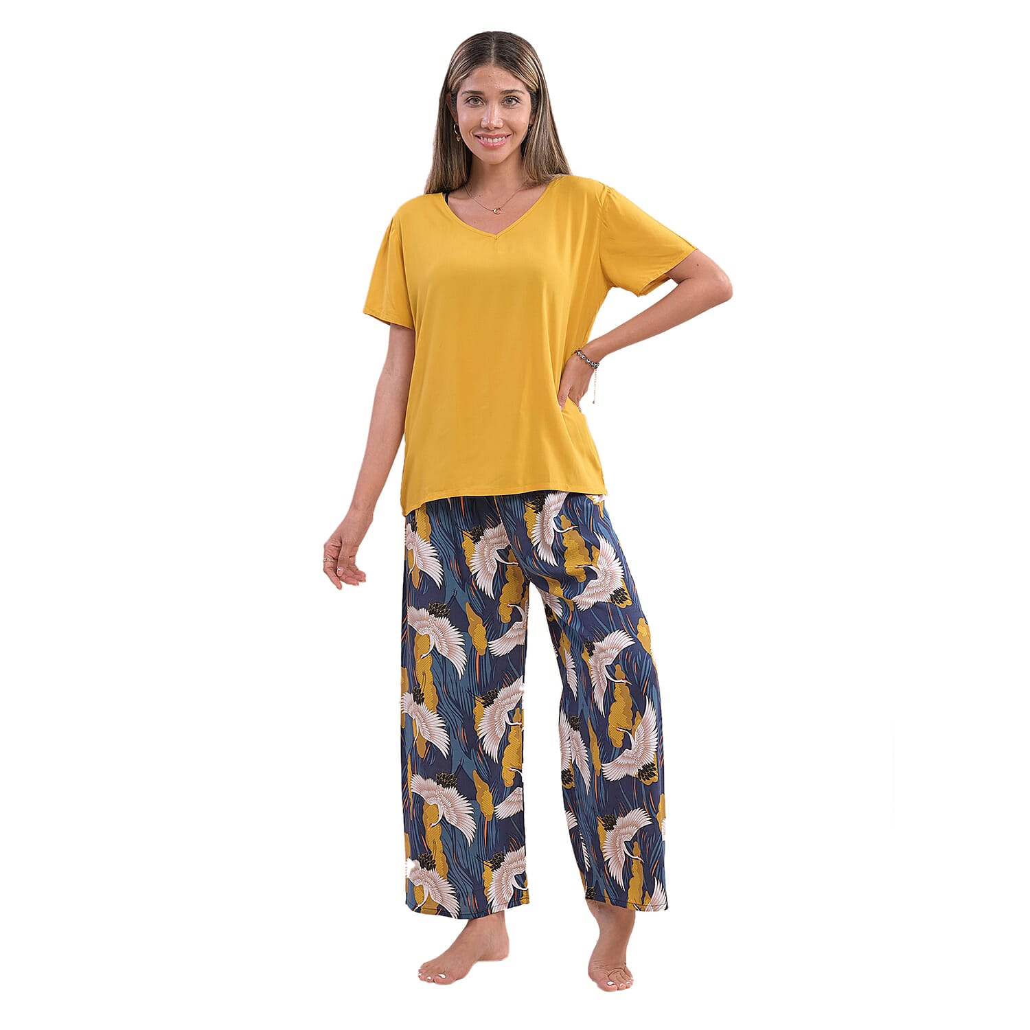 LA MAREY Crane Pattern Loungewear Set - Yellow and Navy 6505563 4