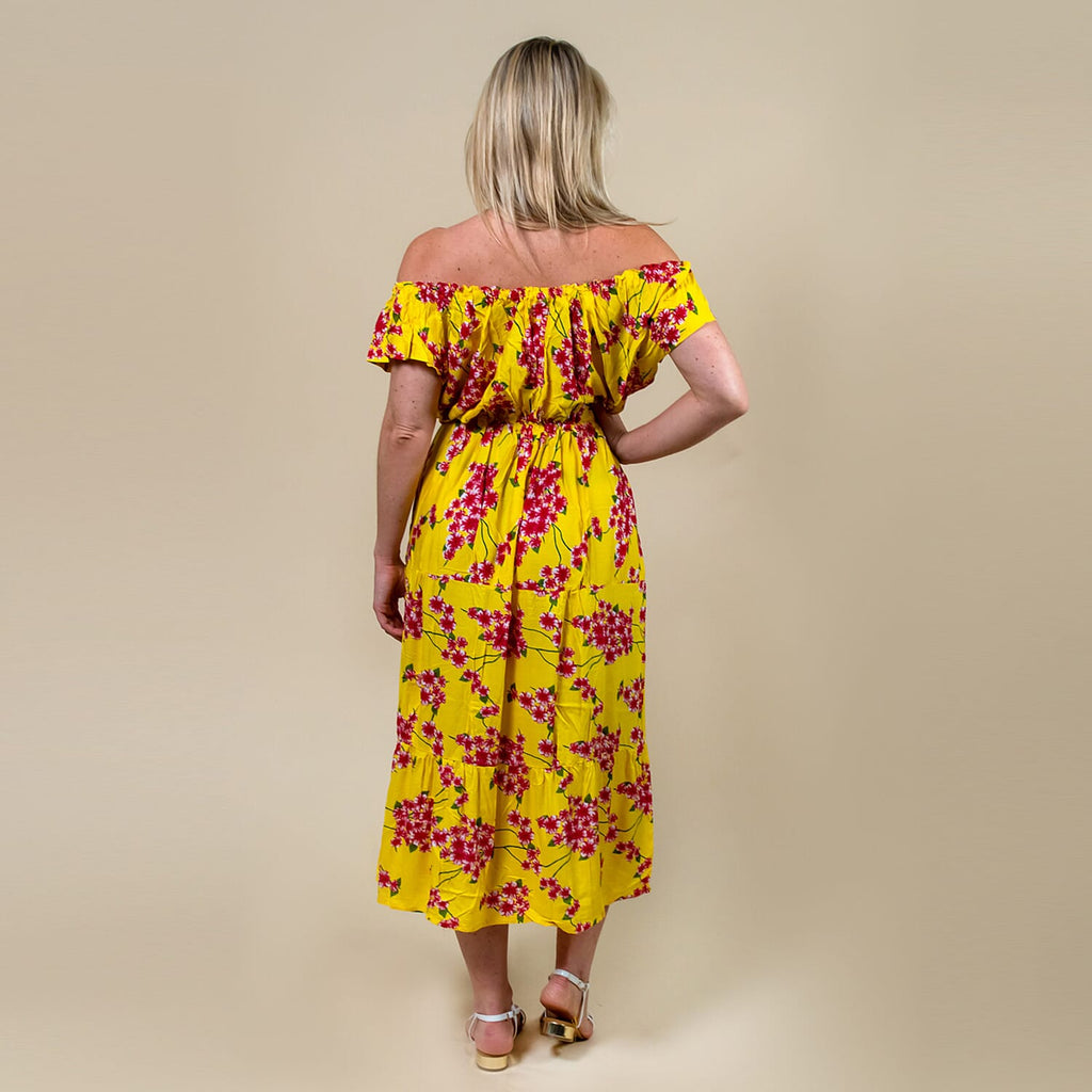 LA MAREY 100% Rayon Floral Printed Maxi Dress (Size - M) - Yellow