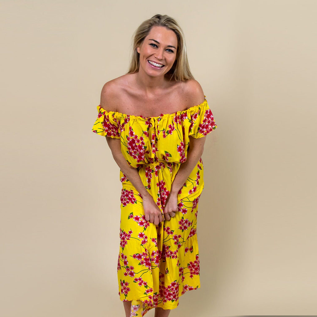 LA MAREY 100% Rayon Floral Printed Maxi Dress (Size - M) - Yellow