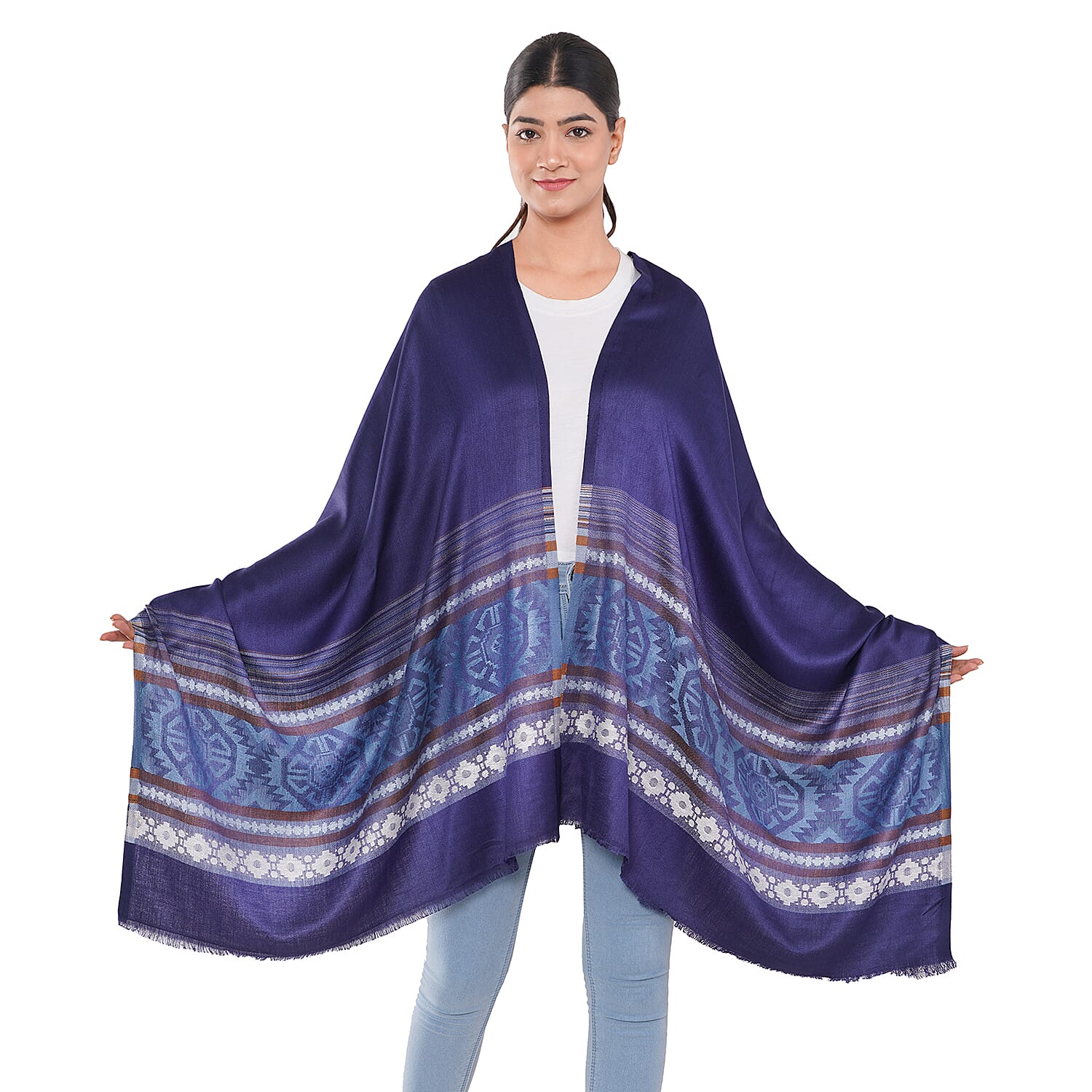 LA MAREY Geometric and Stripe Pattern Yarn Dyed Jacquard Scarf (Size 180x70 Cm) - Navy Blue 9053499 3