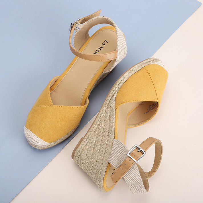 LA MAREY High Heel Espadrilles with Hook and Loop Buckle - Yellow 3808227 2
